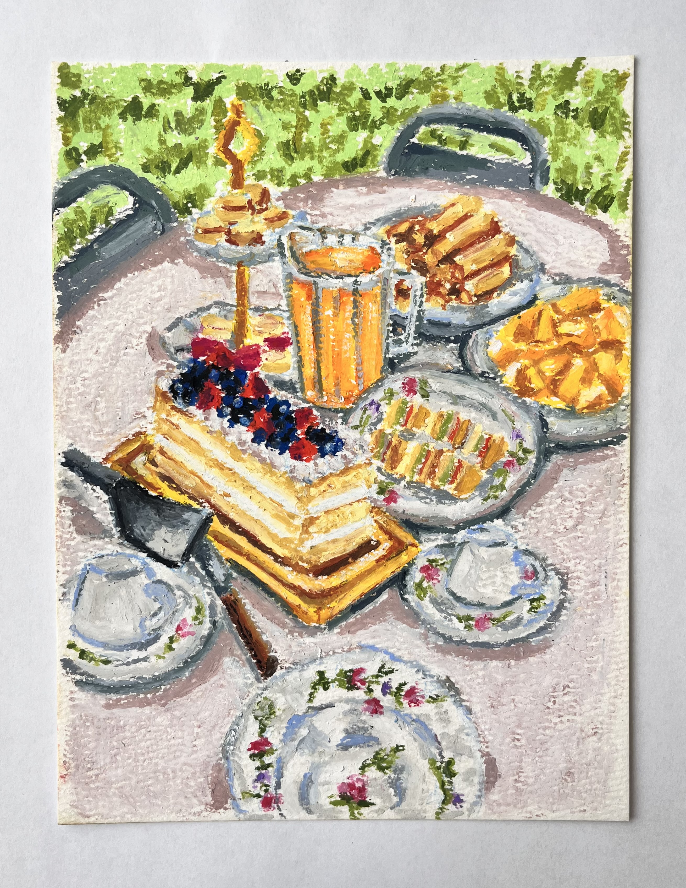 table with tea cups and food